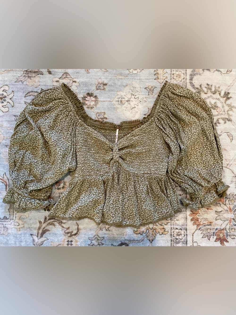 Free People Olive Floral Puff Sleeve Cropped Women's Top